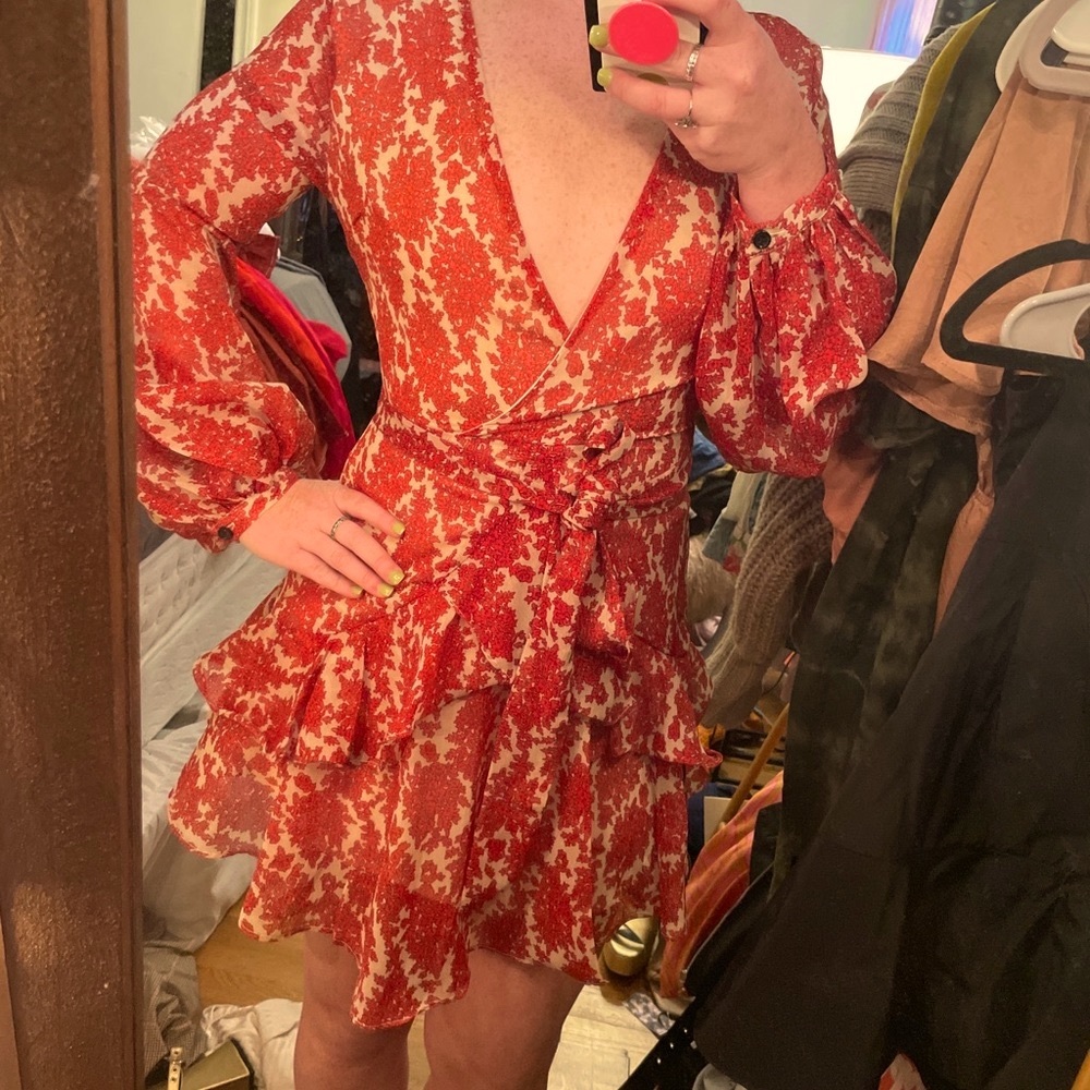 Vintage Red & Cream Floral Long Sleeve Tie Dress